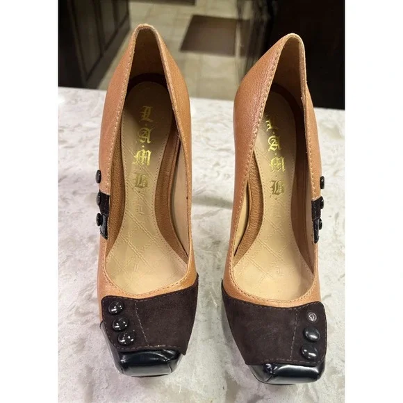 L.A.M.B. Fen tan and brown Leather square Toe Platform Pumps Size 7B